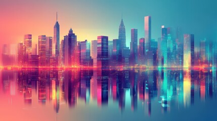 Obraz premium Colorful cityscape reflecting beautifully over a body of calm water