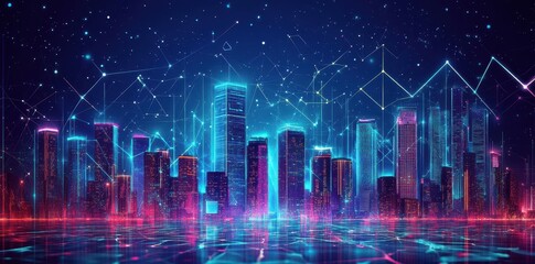Futuristic city skyline illuminated with digital network connections