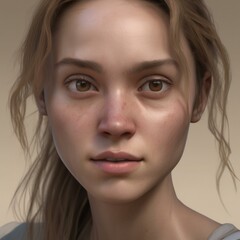 Fototapeta premium A highly detailed, hyper-realistic close-up portrait of an AI-generated human face. This digital artwork features lifelike skin textures, expressive eyes, and natural lighting.