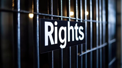Sign with word "Rights" on metal jail cell, symbolizing human rights and imprisonment