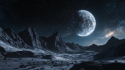 celestial fantasy nightscape featuring an alien planet beneath a glowing full moon in a dreamy galactic scene