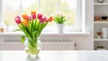 Elegant tulip bouquet on a white table in a minimalist room, beauty