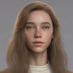 Fototapeta premium A highly detailed, hyper-realistic close-up portrait of an AI-generated human face. This digital artwork features lifelike skin textures, expressive eyes, and natural lighting.