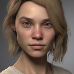 Fototapeta premium A highly detailed, hyper-realistic close-up portrait of an AI-generated human face. This digital artwork features lifelike skin textures, expressive eyes, and natural lighting.