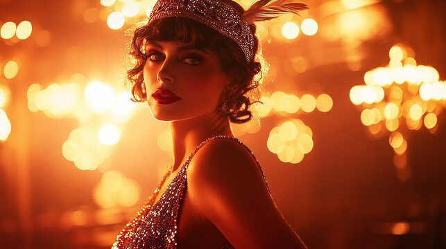 A radiant 1920s flapper, her sequined dress sparkling and feathered headband swaying, glows under the golden Art Deco lights of a hazy, vibrant jazz club