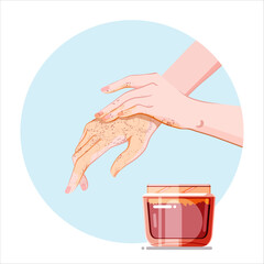 Hand scrub application procedure. Skincare product for beauty routine. Professional spa treatment icon for infographics, presentations, web design, poster, banner. Modern flat style. Vector colorful