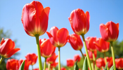 Obraz premium Vibrant red tulips blooming under clear blue sky, spring beauty