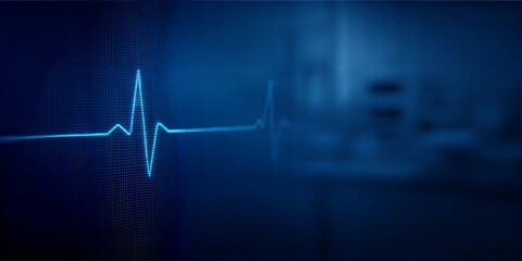 Abstract ECG Pulse Line on Medical Monitor, Blue Futuristic Healthcare Background, Cardiovascular Health and AI Diagnostics with Copy Space