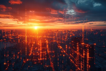 Fototapeta premium A futuristic cityscape at sunset with glowing digital elements.