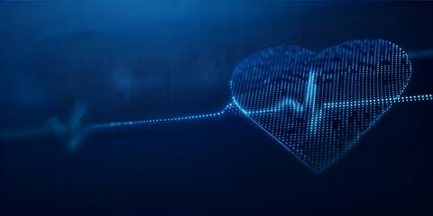 Futuristic Digital Heart with ECG Pulse, Blue Abstract Medical Background, AI and Cardiovascular Healthcare Technology with Copy Space