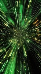 Abstract green and gold light streaks converging towards a point
