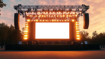 Stage modern rigging large outdoor concert with beam lights, sound system and white blank screen mockup material background wallpaper
