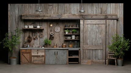 Rustic kitchen backdrop, farm-style cabinets, plants, studio