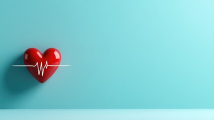 Red heart with heartbeat line on blue background