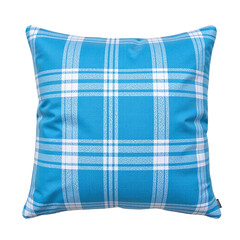 A blue and white checkered pillow on a cut out background.