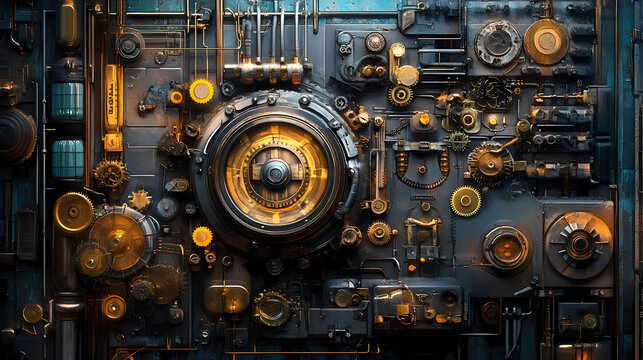 Mechanical wonders unveiledsteampunk architecture fantasy realm digital art enigmatic environment high perspective imagination. Clockwork Realms. Illustration