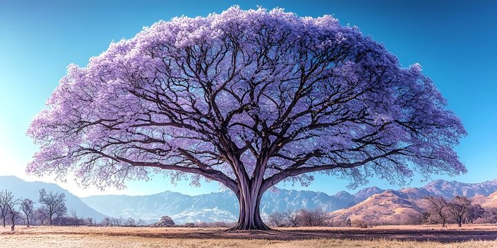 A majestic giant tree with a beautiful purple blossom canopy stands proudly in a quiet sunlit valley bordered by distant mountain ranges beneath absolutely clear vibrant blue skies