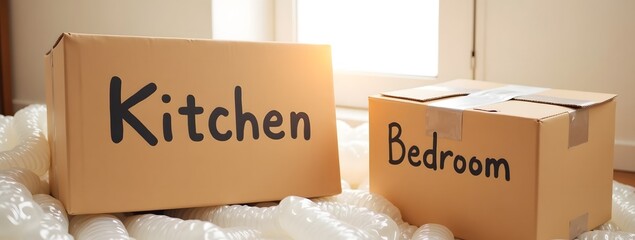 Moving boxes with kitchen and bedroom labels in sunlit room