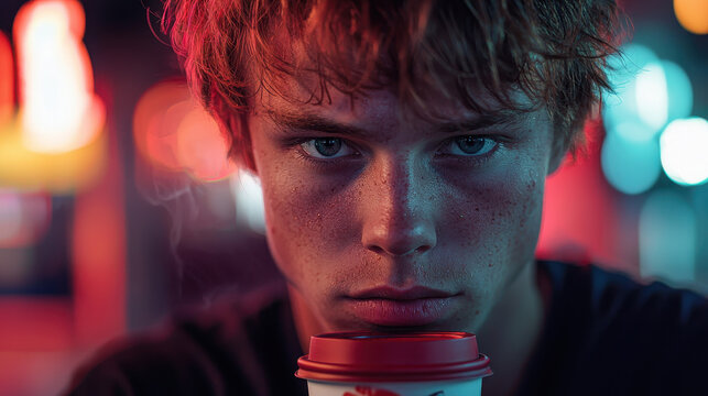 Close-up of a young hacker immersed in thought while sipping coffee at a neon-lit hackathon surrounded by reflected code