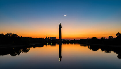Fototapeta premium Sunset reflection with tower and crescent moon over calm water, Minaret Silhouette, Ramadan