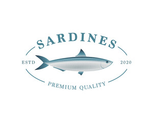 Sardines logo template, premium quality. Fish restaurant, market or store sign concept. Vintage style 