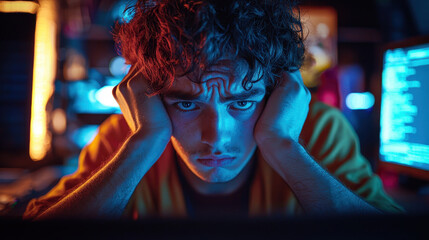 Exhausted hacker focusing intensely during a coding marathon in a vibrant, neon-lit workspace at a hackathon