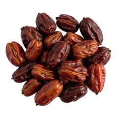 Closeup overhead shot of a pile of dried dates against a cut out background.