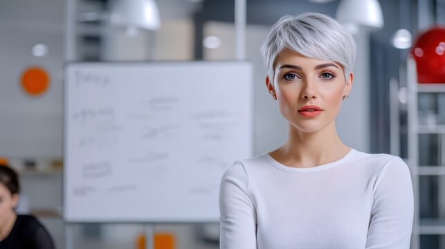 Confident Professional Woman: A portrait of a stylish woman with a short, gray pixie haircut, exuding confidence and professionalism in a modern office setting.