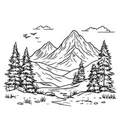 Line Art of Hills and Trees in Mountainous Scene