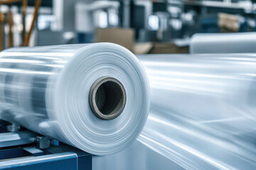 Automatic polyethylene plastic bag production machine with lighting effect. Close-up of the roller of the plastic bag production machine in the light blue scene. product packaging concept