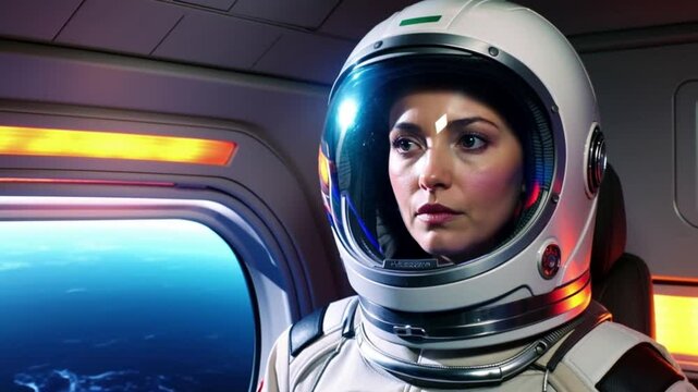 A young female astronaut in a modern spacesuit prepares for an important mission on a spaceship. Her gaze is focused and the setting is filled with an atmosphere of anticipation.