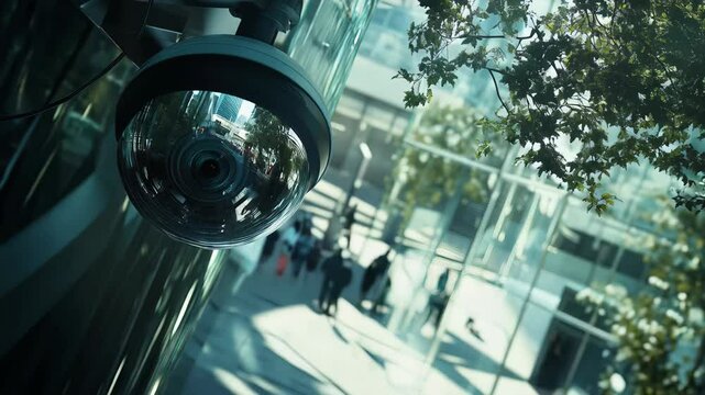 Modern security camera monitors pedestrian activity on bustling city street, capturing movement of people against backdrop of contemporary glass building Concept of global criminal security and data