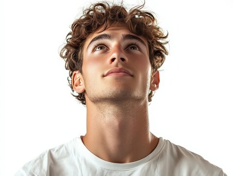Young man in t-shirt with dreamy cheerful expression thinking looking up isolated on white background