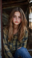 Fototapeta premium Young girl posing with freckles and long hair in rustic setting