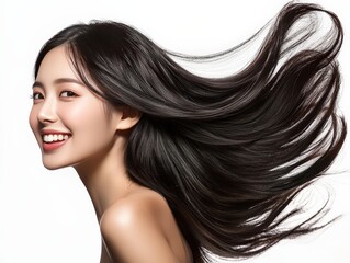 Young beautiful Asian woman smiling with long brunette hair isolated on white background - obrazy, fototapety, plakaty