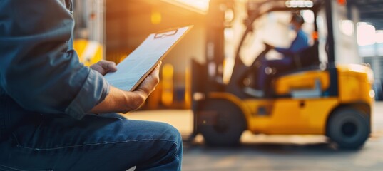 Logistics Manager and Forklift Driver Collaborating in Warehouse Operations Planning