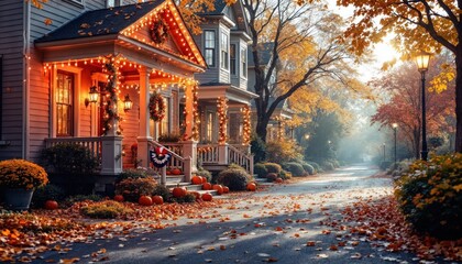Autumnal Charm: Illuminated Homes and Festive Decorations in Neighborhood