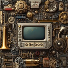 Fototapeta premium An intricately detailed steampunk style television set with mechanical parts