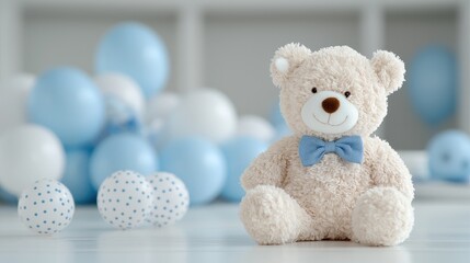 Fototapeta premium Teddy bear in a light blue room with balloons. Baby shower or birthday party. Possible use Stock photo for baby product websites, party decorations, or child-focused media