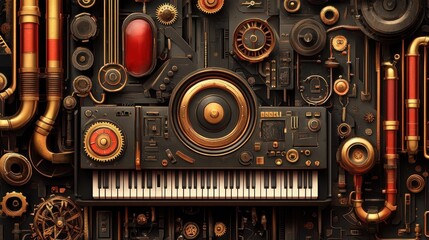 Intricate steampunk piano contraption with gears and mechanical components