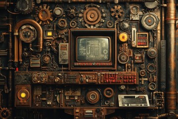 Fototapeta premium A complex steampunk machine with monitor gears and various components