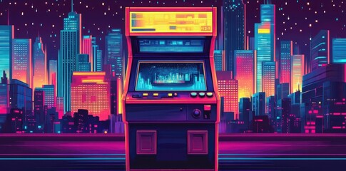 Fototapeta premium Arcade game cabinet stands before a vibrant neon city