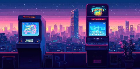 Fototapeta premium Two arcade cabinets stand before a vibrant pixelated cityscape