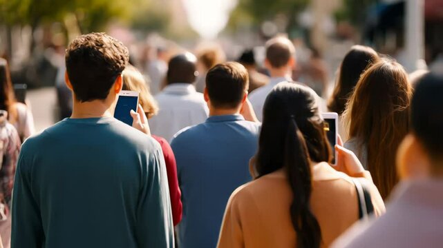 People walking along crowded urban street, deeply engaged with mobile devices, representing digital connectivity and modern city living amid bustling downtown environment