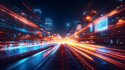 Futuristic city at night, glowing with neon and holograms, exuding high-tech energy. Ideal for ads, tech content, cyberpunk games, or articles on smart cities' future.