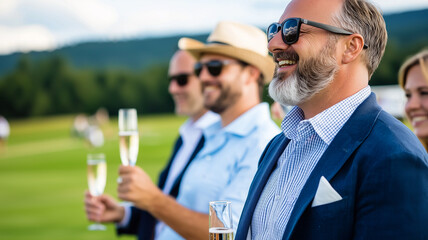 People Enjoy a Polo Match in Smart Casual Attire With Champagne Flutes at a Summer Event