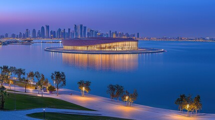 Naklejka premium Doha waterfront building twilight city skyline