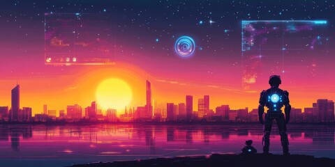 Fototapeta premium Futuristic cityscape at sunset with robot and data projections