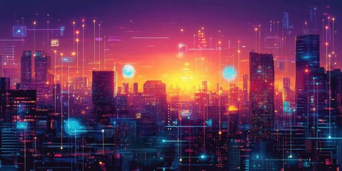 Futuristic cityscape at sunset featuring glowing digital connections