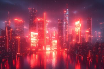 Fototapeta premium Futuristic city at night, glowing with neon and holograms, exuding high-tech energy. Ideal for ads, tech content, cyberpunk games, or articles on smart cities' future.